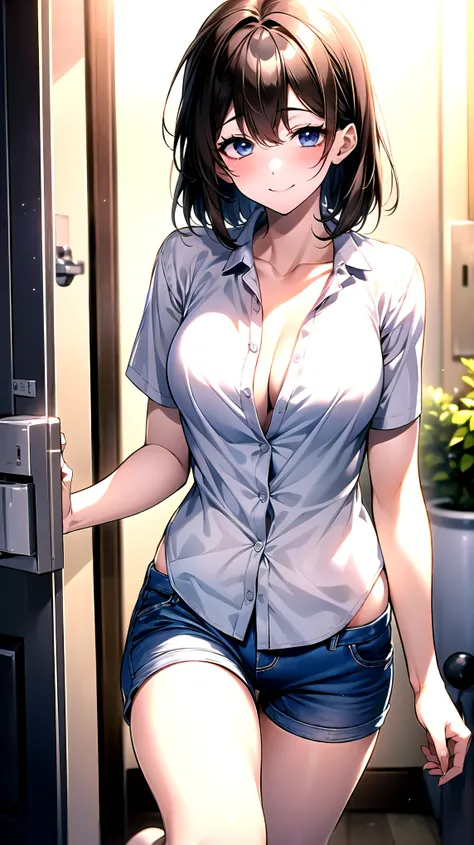 （（super high quality,Ultra-high resolution,16K,super masterpiece,Ultra HD ,Detailed shading,））One mother,popped Tight collar White shirts,Naked shirt,Folded sleeves,Even the third button is undone.,Denim shorts, smile,Outside the front door,