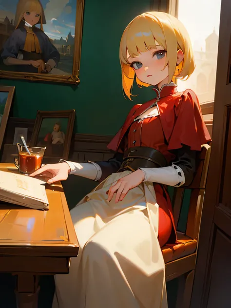 Tabletop, girl,World Masterpiece Theatre, Ride Blonde Hair,  Adult Red Lady,  shape, Looking at the audience, Material, canvas, Oil,  Vermeer Artist ,