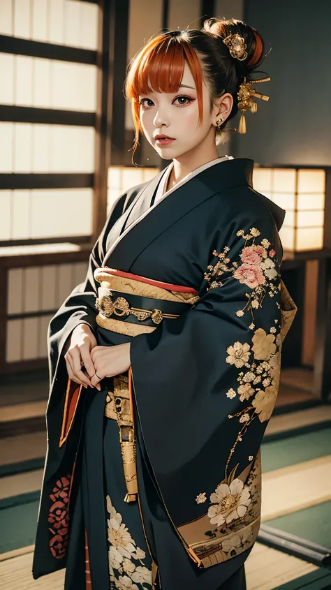masterpiece, Highest quality, A solemn Japanese-style room with tatami mats, A large photograph of a woman from head to waist, Face from an angle, Chain-themed accessories, (Punk rock kimono, black地に赤+gold:1.3), (black+Orange Hair Color, Mid-length hair, B...