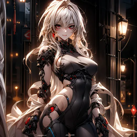 ((best quality)), ((Masterpiece)), (details:1.4), 3d, Image of a beautiful cyberpunk woman., HDR (high dynamic range), mature woman, Hips up, Curtain Bangs, Sleek style, Blonde hair, Red eyes, battle suit, Heavy Red armor, PBR surface, After processing, An...