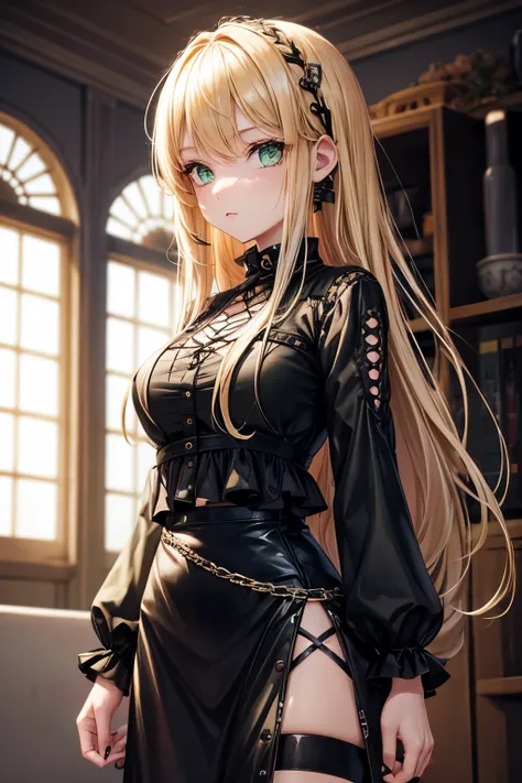 1girl, blond hair, green eyes, goth, goth style, casual clothes 