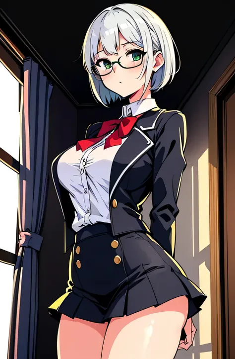 all intricate details, cientificamente: perfect body, girl 1, (masterpiece, best quality:1.2), illustration, solo, 1girl view, short hair, white hair, green eyes, short green blazer, black miniskirt, detailed background, looking at viewer, hair ornaments, ...