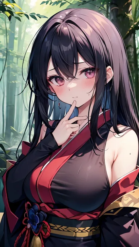 masterpiece、Highest quality、High resolution、Black Hair、Long Hair、Fair skin、Female ninja、kimono、Upper body naked、Sword equipped、blush、Disgust、Sweat、In the background forest、Time is midnight、Big Breasts、Breasts exposed