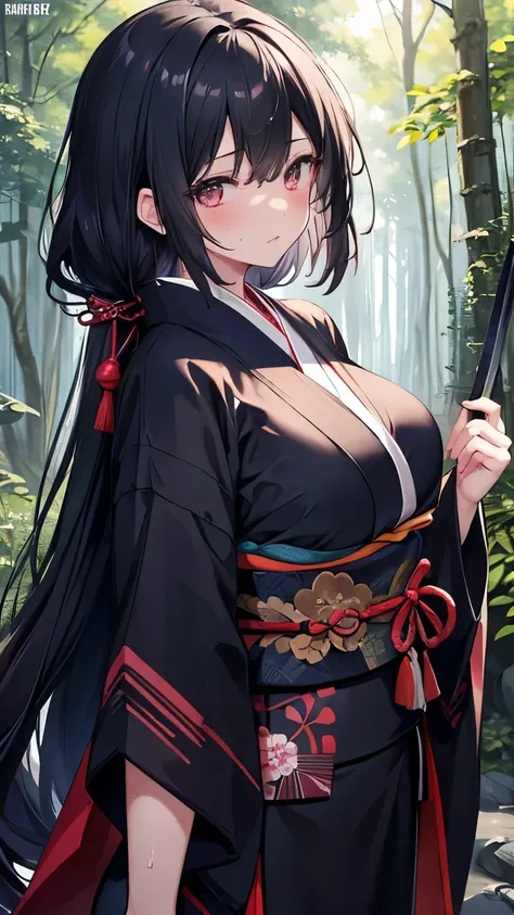 masterpiece、Highest quality、High resolution、Black Hair、Long Hair、Fair skin、Female ninja、kimono、Upper body naked、Sword equipped、blush、Disgust、Sweat、In the background forest、Time is midnight、Big Breasts、Breasts exposed