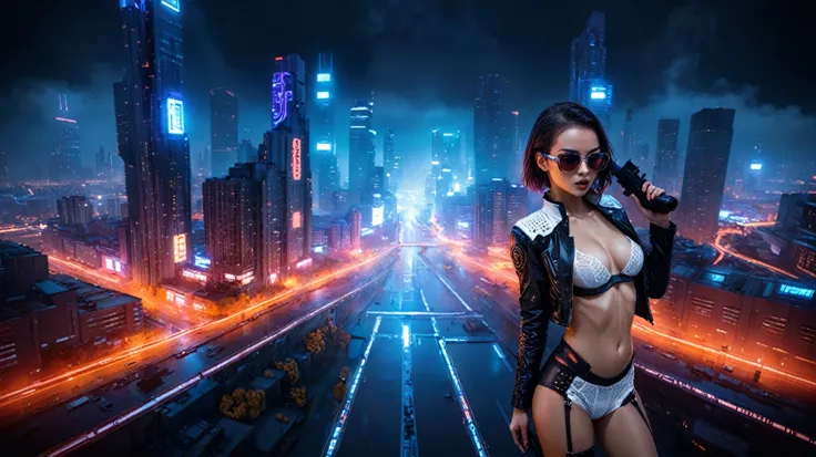 (High view). Theres a cyborg woman (8k) wearing a futuristic leotard (best quality) standing in a cyberpunk city alley at night, darksynth aesthetic, red neons, haze, 1drone, foggy night, ultra detailed, photorealistic. At night, (1girl, solo, alone), phot...