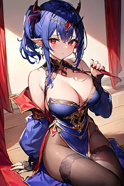 (4K、high resolution、Detailed light、Detailed Shadows、Detailed Design)、1 girl、Dark blue hair、Short Hair、ponytail、((Black and blue outfit:1.5、Red Gem:1.2、red decoration:1.2、Circlet))、Too big slit、Bigger breasts、(Unintentional exposure)、(Devil horns:1.3)、(((To...