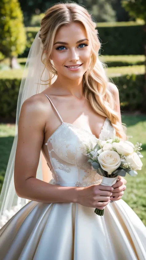 Realistic full body photo of a smiling blonde woman with long hair, ponytail hairstyle, She dances in front of the camera in a long A-line wedding dress with straps made of shiny satin., Park,glamour fotoshooting, Wedding celebration, perfect anatomy, perf...