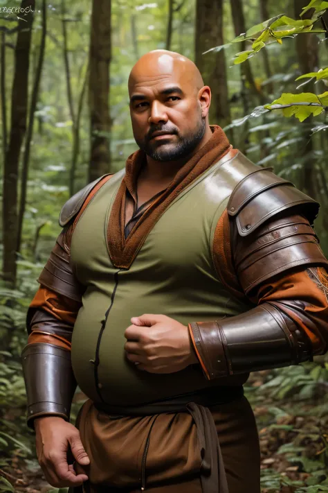 (8k, high definition, high quality, highly detailed) handsome bald asian daddy. chubby archer. big tummy. medieval clothes. wear...