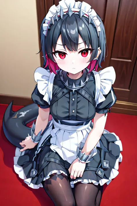 apron, black pantyhose, black shirt, black skirt, ear piercing, fins, fish tail, maid, maid apron, maid headdress, pantyhose, piercing, puffy short sleeves, puffy sleeves, shark girl, shark tail, shirt, short sleeves, skirt, tail, two-tone hair, wrist cuff...