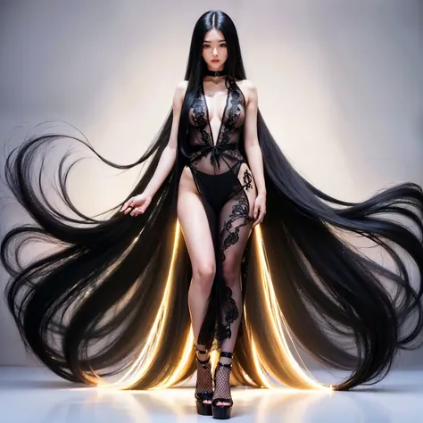 (best image quality、highest quality、highest resolution、super realistic photos、full body photo、masterpiece、16ｋ、）1 girl、Amazingly long black hair is super beautiful、hair length about 3 meters、white underwear or naked、Hide your whole body with straight black ...