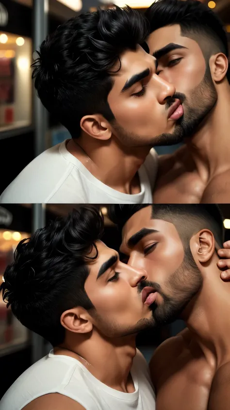 Gay couple film scenes collage, Pehlwan man Indian Gurjar gay couple wetty tounge to tounge kissing and sucking lower lip, bitting lower lip during kissing saliva dripping from mouth with big shinning eyes big lips wide jawline beautiful hunk face spiky bl...