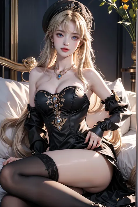 ,ship,long hair,blonde hair,hat, witch hat,Blue eyes,dress,bangs,black headwear,gloves,bare shoulders,flower,jewelry,thighhighs,black gloves,drill hair,detached sleeves,（(Girl lying in bed))、night，moonlight，Many flowers，Lots of scattered petals，A beautiful...