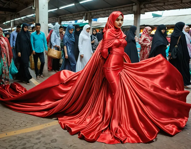 A woman shrouded in a 4-meter-long, plush red satin cloth, tightly bound and grandly draping along the form of her body, flowing off into a pooled floor-length train, styled in a mermaid-inspired outfit, her head modestly veiled in a satin hijab, tall woma...