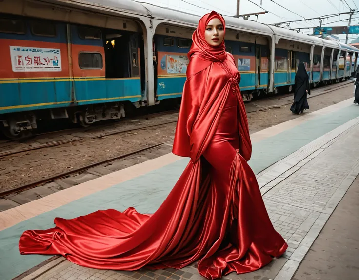 A woman shrouded in a 4-meter-long, plush red satin cloth, tightly bound and grandly draping along the form of her body, flowing off into a pooled floor-length train, styled in a mermaid-inspired outfit, her head modestly veiled in a satin hijab, tall woma...