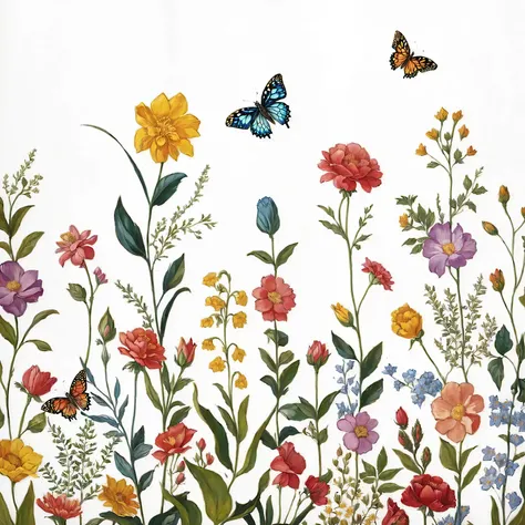 there is a painting there，The painting is a field of flowers，There are butterflies on it, flowers and butterflies, Exquisite garden on paper, Country style garden, butterflies and worms, Garden flowers pattern, Plant Rainbow Background, A beautiful field o...