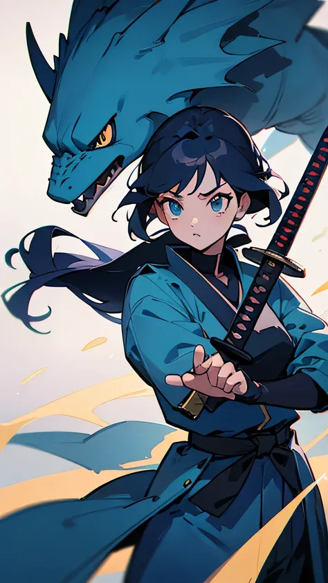 score up_9,score up_8,score up_7,source_アニメ,masterpiece,best quality,super fine illustration,super detailed,8k,retro,fantasy, (lora:0.7),girl,perfect hands,perfect fingers,blue coat,Samurai,BREAK she is holding_katana。BREAK Wyvern stands behind her.。