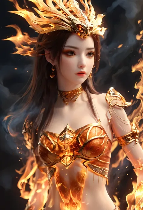 (theelementoffire:1.1),Composed of fire elements,(1 busty girl:1.2),catching fire,transparency,Fiery,(Molten rock),Flame skin,Flame print,fiery hair,smokes,cloud,LOP,,a girl wrapped in flames, Flames rise and sparkle,burning hands,Translucent glow,