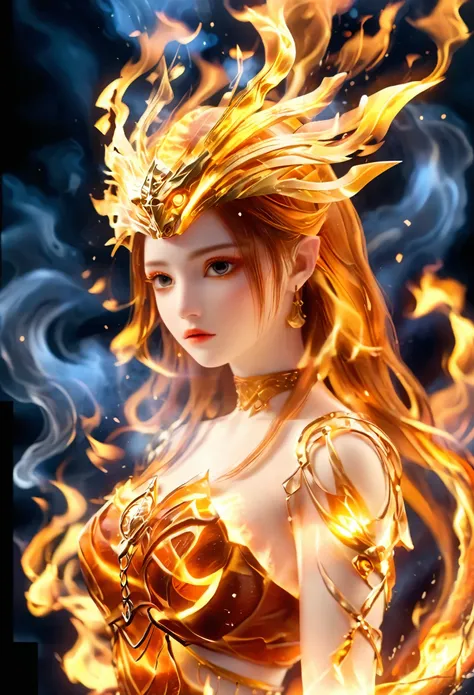 (theelementoffire:1.1),Composed of fire elements,(1 busty girl:1.2),catching fire,transparency,Fiery,(Molten rock),Flame skin,Flame print,fiery hair,smokes,cloud,LOP,,a girl wrapped in flames, Flames rise and sparkle,burning hands,Translucent glow,