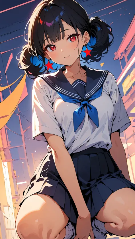 (high quality, 8k, 4K, High Contrast, masterpiece:1.2, 最high quality, Best aesthetics), (Dynamic Angle), ((1 female)),((Crouching)), ((Plain and bright background)), ((Flat Color)), Navy blue sailor suit,Navy blue pleated mini skirt,(White loose socks), Lo...