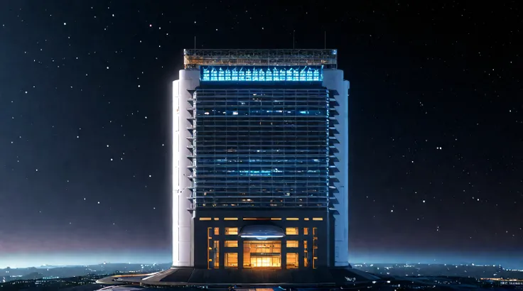 Future City Building,Tall buildings tower,The main building is the highest,night,Outer Space,spacecraft,Space base station,Planet Earth,Sci-fi style,Vertical composition,Interstellar background,Ultra wide-angle lens,Night lighting,spacecraft levitation,Spa...