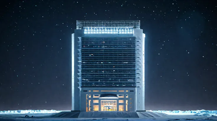 Future City Building,Tall buildings tower,The main building is the highest,antarctica,Ice World,Ice and snow,Outer Space,spacecraft,Space base station,Planet Earth,Sci-fi style,Vertical composition,Interstellar background,Ultra wide-angle lens,Night lighti...