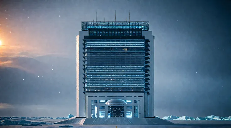 Future City Building,Tall buildings tower,The main building is the highest,antarctica,Ice World,Ice and snow,snowstorm,Outer Space,spacecraft,Space base station,Planet Earth,Sci-fi style,Vertical composition,Interstellar background,Ultra wide-angle lens,Ni...