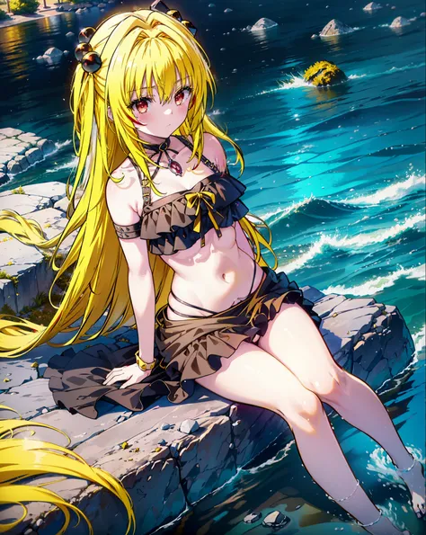 toloverumy, my, (Yellow Hair:1.5), Long Hair, (Red eyes:1.5), (hair ornaments:1.2), Both sides up, Black frilly bikini swimsuit,Belly button,abdomen,A thin long skirt is wrapped around her waist,barefoot,Sitting on a big rock,Rocky area,night,moonlight,met...