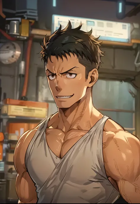 8k, Highly Detailed, Masterpiece, source_anime, best quality, beautifully detailed eyes and beautifully detailed hair, 1man, solo, Digital illustration in an anime style featuring a muscular male character. The character has short, spiky black hair and a d...