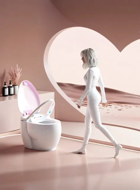 there is a woman walking in a bathroom with a toilet, rgb gamer toilet, gaming toilet, elegent, futuristic product design, smoot...