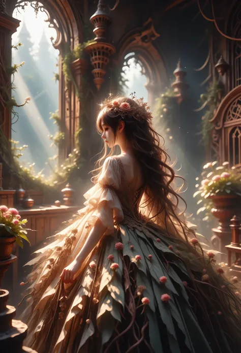 anime girl, sexy, fitting dress, sparkles, long hair, beautiful, Stands Pressed Against the Wall Near the House, Moss and mushrooms grow nearby, small flower beds, Vines around the house, masterpiece, clear detail, Full Picture Captivating Attention,cinema...