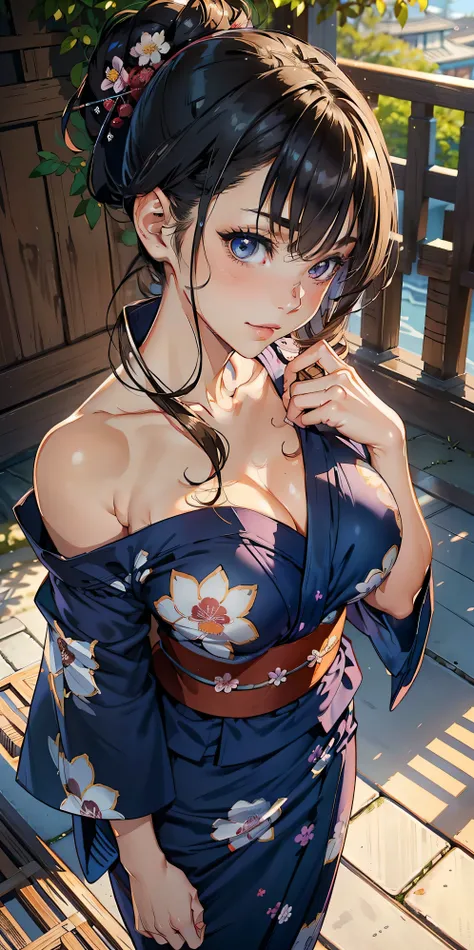 (Tabletop:1.3),purple off shoulder yukata(((Emphasizes large breasts and cleavage、)))High resolution, Ultra-detailed, Highly detailed CG Unity 8k wallpaper, Realistic, Photorealistic, RAW Photos, Beautifully detailed face, Pale skin, Realistic glowing skin...