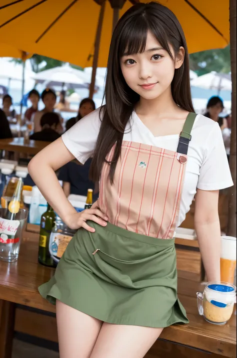 A girl (twenty years old, Japanese cute face) are wearing apron, mini skirt at the beach bar