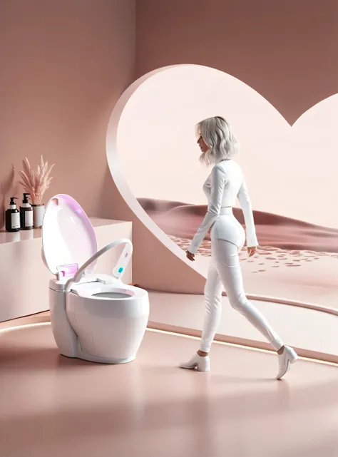 there is a woman walking in a bathroom with a toilet, rgb gamer toilet, gaming toilet, elegent, futuristic product design, smoot...