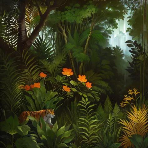 Flowers and trees blooming in the rainforest々A picture of a tiger in, inspired By Théodore Rousseau, Henri Rousseauのスタイルで, inspired Henri Rousseau, Henri Rousseau, Jungle landscape, By Théodore Rousseau, 夜の深い緑豊かなIn the Jungle, In the Jungle, mysterious jun...