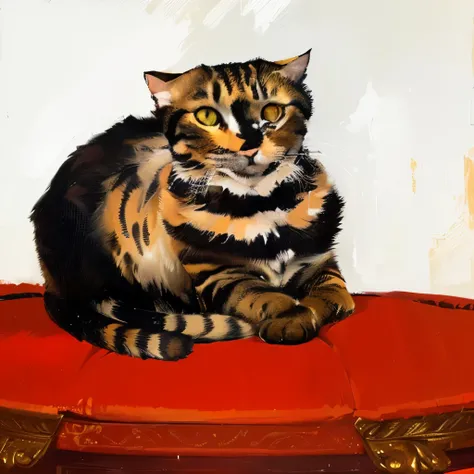 painting of a Cat sitting on a red cushion with a white background, painting of a Cat, a painting of a Cat, in a painting of a Cat, Inspired by Walter Sickert, Inspired by Augustin Meinrad Bechtiger, oil painting of Cat, a Cat, portrait of a Cat, anthropom...