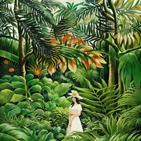 a painting of a woman in a white dress standing in a tropical forest, Henri Rousseau, Henri Rousseauのスタイルで, inspired Henri Rousseau, Inspired by Théodore Rousseau, in a tropical forest, In the Jungle, In the tropical forest, Written by Kahlo, in a verdant ...