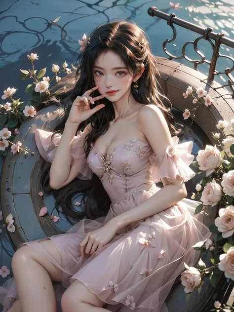 （(Girl lying in the swimming pool))、She gently lifted her skirt with one hand，Make gentle and playful gestures，((Lots of flowers瓣)), Lots of flowers，Many petals scattered，Cherry tree，Petals are flying all over the sky，Beautiful and charming woman, Elegantl...