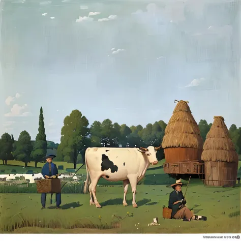 Painting of a man and cows in a field with hay, michael sowa, naive art, Henri Rousseau, Rural, Bull, Henri Rousseauのスタイルで, Inspired by Ferdinand Knab, inspired by Boris Kustodiev, Maxim Sukharev, Soviet painting, Magritte paintings, ( ( ( grant wood ) ) )