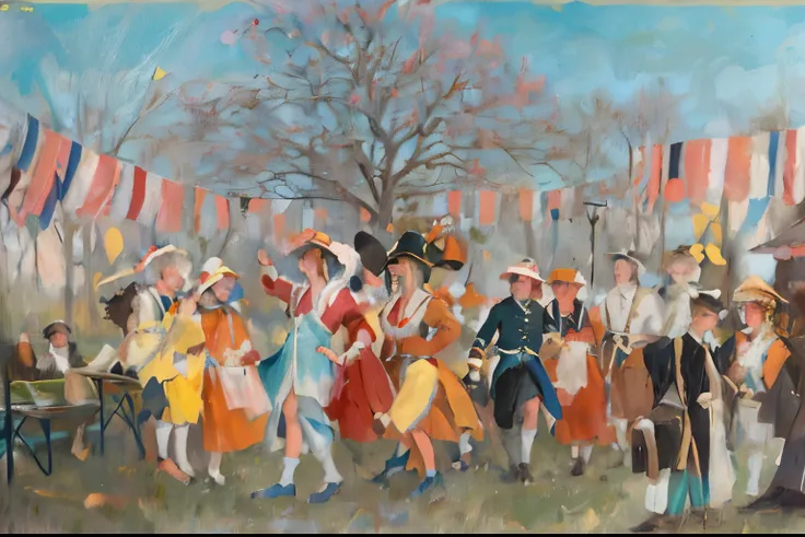 painting of a group of Dancer々 in a park with flags, Nils von Dadel, Round dance, By Pruett Carter, fork art, Wilhelm Sasnall, by Robert Scott Lauder, Felix Vallotton, fork, Dance Scene, Dancer々, carnival, by John Ellsworth Weis, naive art, By Boris Kustod...