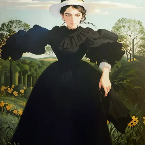 A painting of a woman in a black dress standing in a field, Henri Rousseau, inspired By Prudence Heward, By Felix Vallotton, By Prudence Heward, inspired by Christoffer Wilhelm Eckersberg, Graceful woman in black dress, young woman in a dress, Henri Rousse...