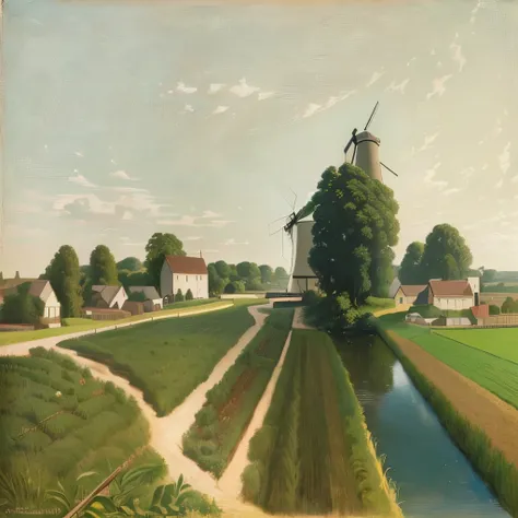 Painting of a farm with a river and a windmill in the distance, Oil on canvas (1921)”, Oil on canvas (1921), Henri Rousseau, 1 9 2 7 Oil on canvas, Large landscape with villages, By Théodore Rousseau, Works inspired by Franciszek Kostszewski