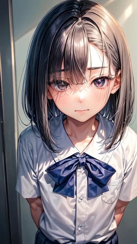 A  Japanese innocent and  frightened boy (( boy’s body, slender)), gray  short hair(( voluminous  straight hair ))(( much lob forelock:1.3)),((summer school uniform for men’s )) , sparkly blue big round droopy eyes, blush, gentle and stiff smile((closed mo...