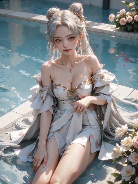 1girl,silver hair,off shoulder,red eyes,long hair,double bun,hair ornament,necklace,（(Girl lying in the swimming pool))、She gently lifted her skirt with one hand，Make gentle and playful gestures，((Lots of flowers瓣)), Lots of flowers，Many petals scattered，C...