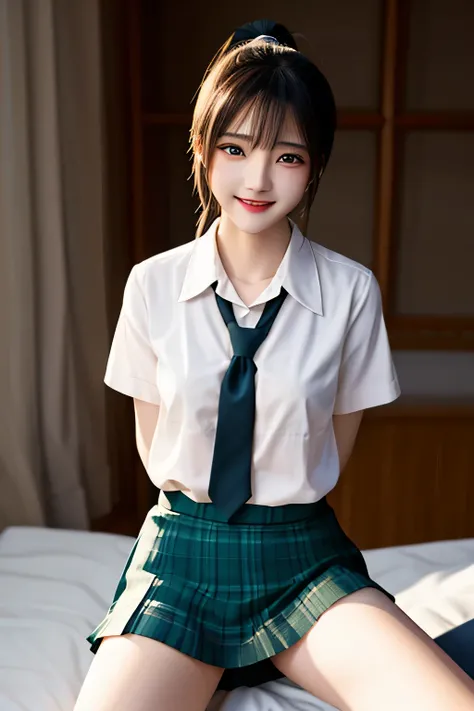 (photorealism:1.12), stunningly beautiful, Asian schoolgirl, black ponytail, green eyes, sitting on bed with spread legs light smile, pantyshot, arms behind back,