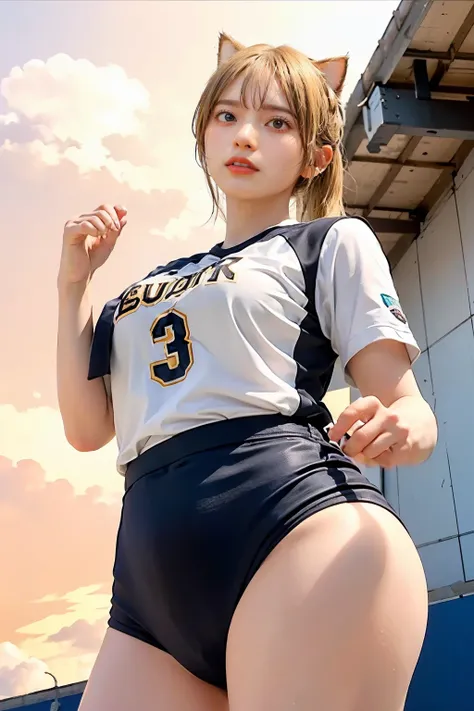 Masterpiece, 4K, bokeh, (volleyball Player:1.3), (volleyball uniform:1.3), (Bright Blonde hair:1.5), (ponytail:1.2),(Blushed face:1.3), (Plump breast:1.2), (Siquatting in street:1.2), (Cat ears:1.3),(From below:1.6),(Sundown :1.2), (Orange beautiful sky an...