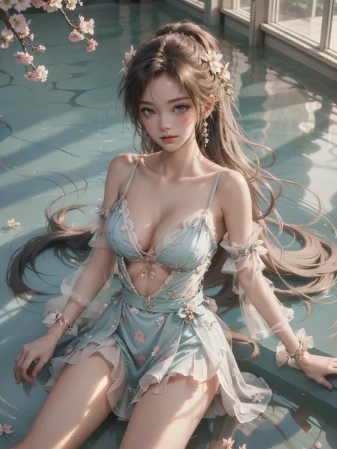 （(Girl lying in the swimming pool))、She gently lifted her skirt with one hand，Make gentle and playful gestures，((Lots of flowers瓣)), Lots of flowers，Many petals scattered，Cherry tree，Petals are flying all over the sky，Beautiful and charming woman, Elegantl...