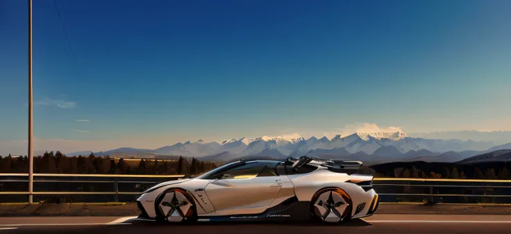 A white car is driving along the road，Mountains in the background。, Concept cars, Car concept, futuristic Concept cars, convertible, full view of a sport car, Vehicle concept photos!!, futuristic Car concept, Pininfarina, futuristic product car shot, conce...