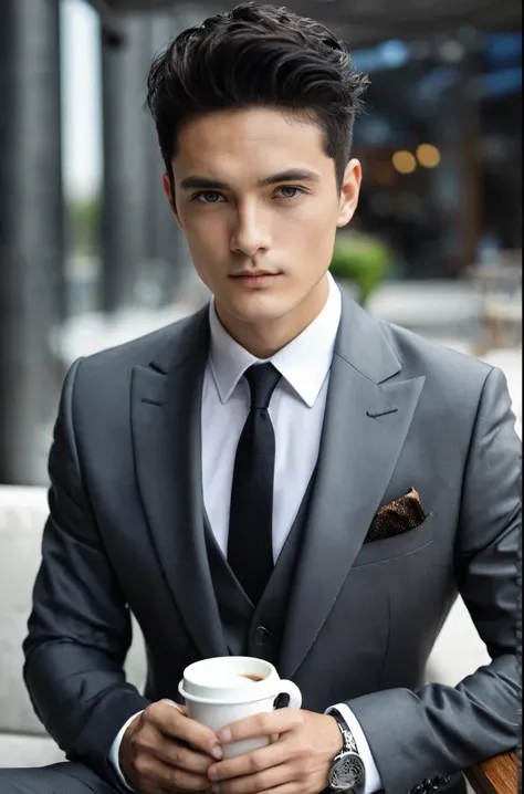 Young boy, Suit, Suit elegante, beautiful appearance, mature look, drinking coffee, defined body, black hair, gray eyes,