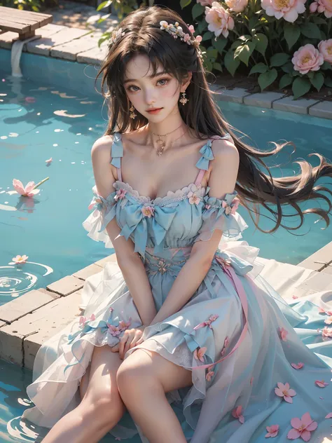 （(Girl lying in the swimming pool))、She gently lifted her skirt with one hand，Make gentle and playful gestures，((Lots of flowers瓣)), Lots of flowers，Many petals scattered，Cherry tree，Petals are flying all over the sky，Beautiful and charming woman, Elegantl...