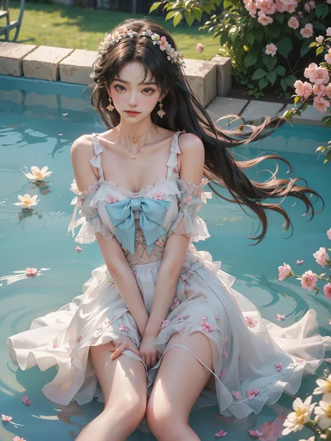 （(Girl lying in the swimming pool))、She gently lifted her skirt with one hand，Make gentle and playful gestures，((Lots of flowers瓣)), Lots of flowers，Many petals scattered，Cherry tree，Petals are flying all over the sky，Beautiful and charming woman, Elegantl...